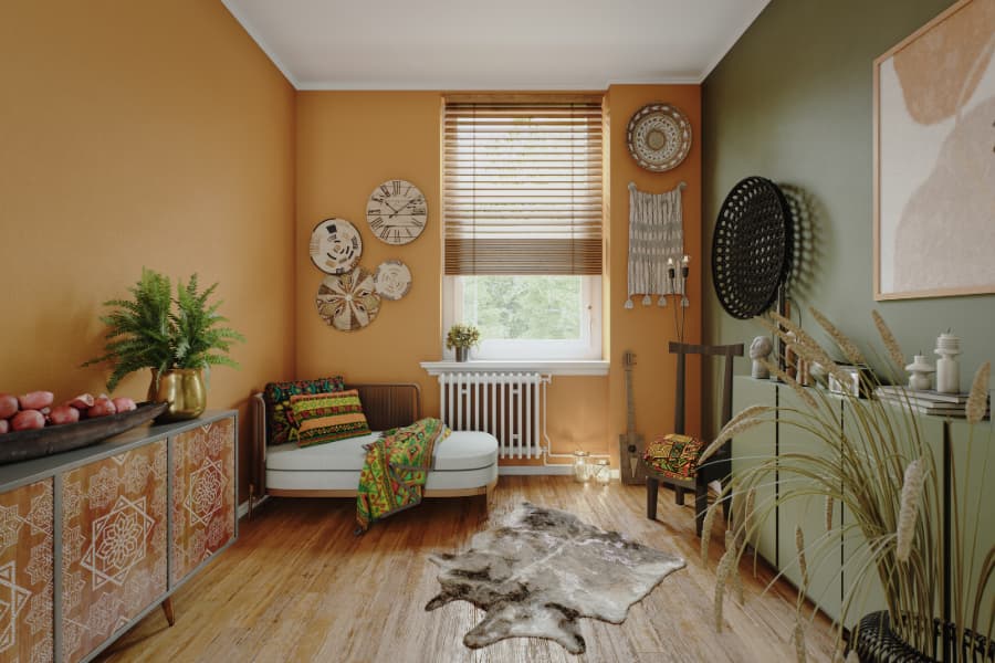 Bohemian living room with warm tones and eclectic décor