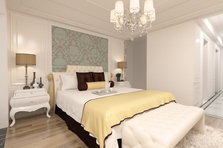 Luxury Bedroom With King Sized Bed And Wallpaper Accent Wall
