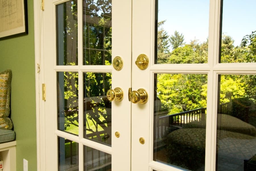 Close-up shot of French doors looking outside