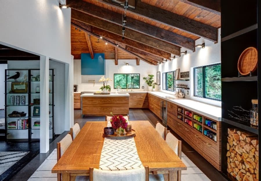 Kitchen And Dining Room Area With Wooden Ceiling