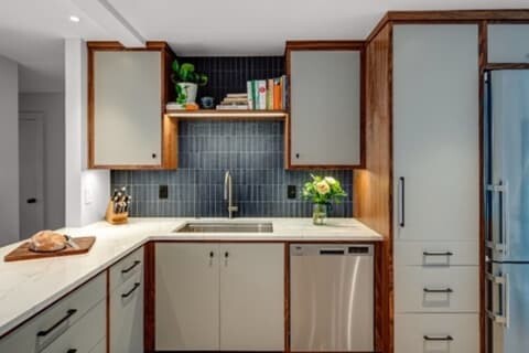 Natural Wood Cabinets With Contrasting White Painted Doors