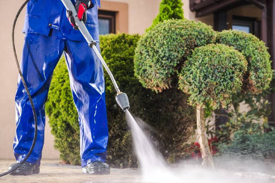 Worker In Blue Suit Power Washing Near Plant Worker In Blue Suit Power Washing Near Plants